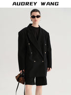 audreyyang Cotton Linen Blend Double Breasted Relaxed Casual Women Commuter Black Blazers