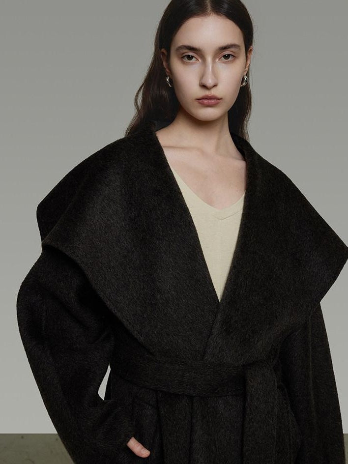unspoken Pure Sheepswool Long Belted Lapel Loose Tailored Office Coffee Brown Wool Coats