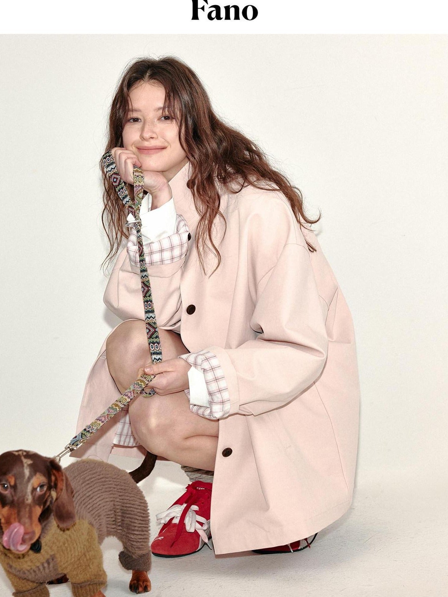 fano Pure Cotton Relaxed Commuter Stand Collar Midlength Peach Pink Trench Coats