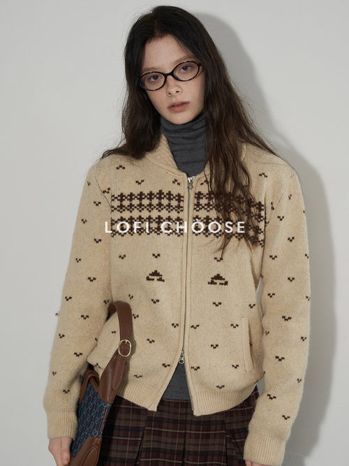 Lofi choose Cozy Thick Vintage Colorblock Loose Zip Lapel Collar Women Caramel Cardigans
