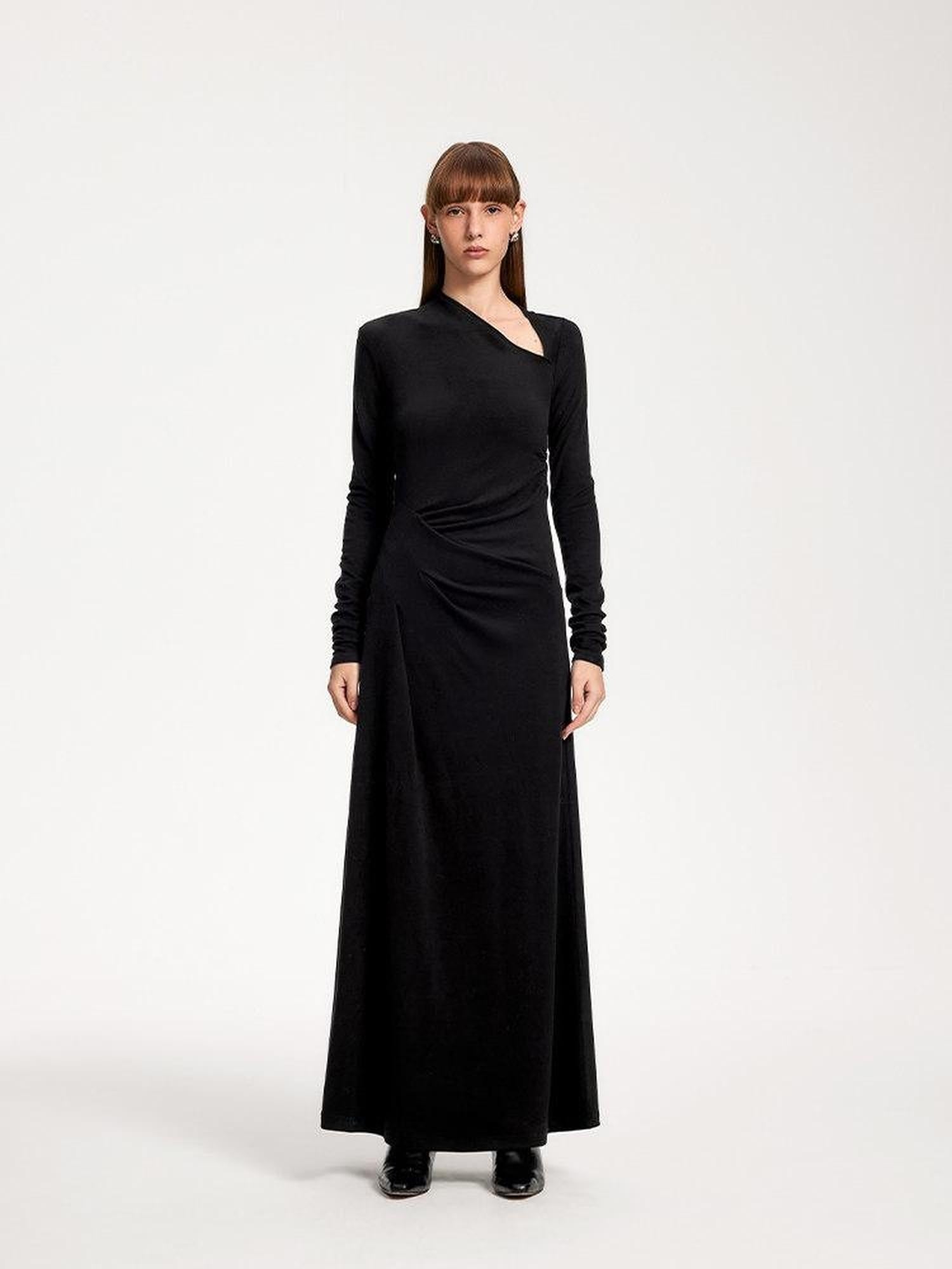 someone sometimes Elegant Long Sleeve Acrylic Blend Asymmetric Hem Women Black Maxi Dresses