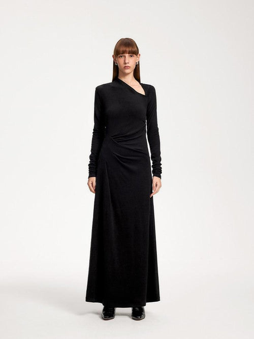 someone sometimes Elegant Long Sleeve Acrylic Blend Asymmetric Hem Women Black Maxi Dresses