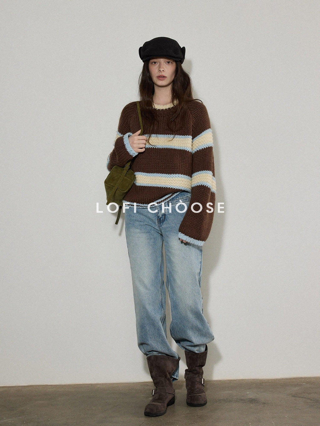 Lofi choose Cozy Acrylic Wool Colorblock Loose Fit Raglan Crewneck Striped Knit Sweaters