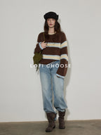 Lofi choose Cozy Acrylic Wool Colorblock Loose Fit Raglan Crewneck Striped Knit Sweaters