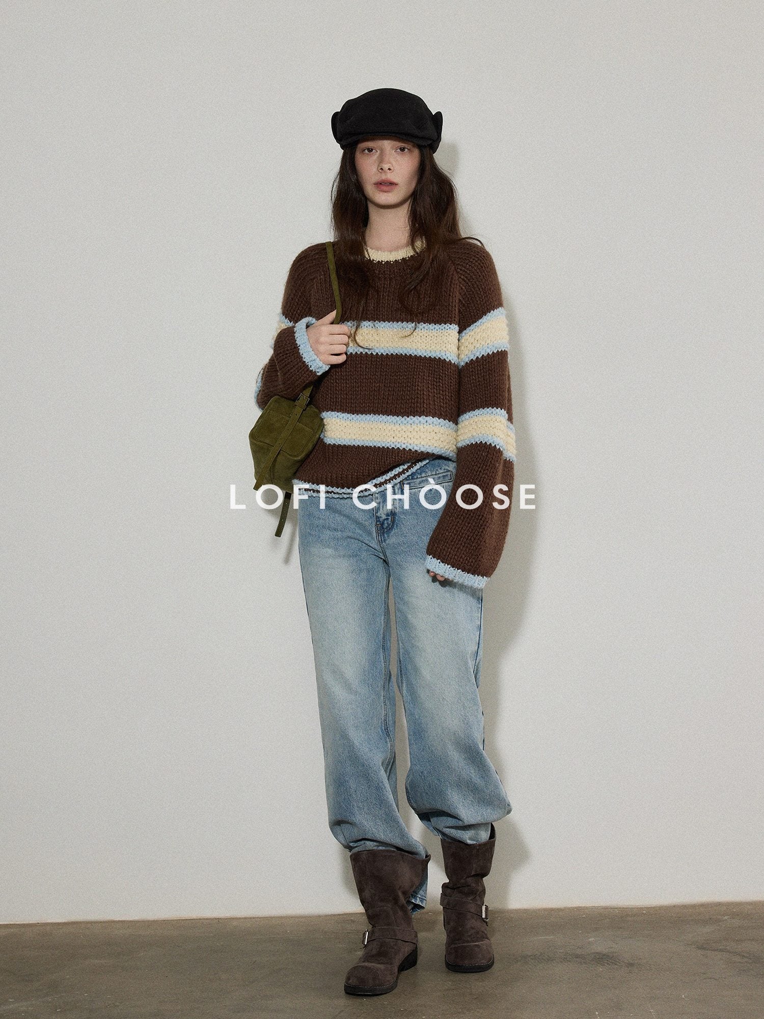 Lofi choose Cozy Acrylic Wool Colorblock Loose Fit Raglan Crewneck Striped Knit Sweaters