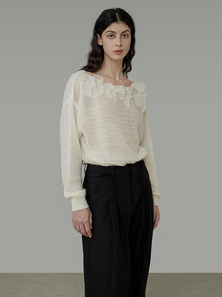 unspoken Soft Knit 3D Embellishment Loose Round Neck Long Sleeve Women White Blouses