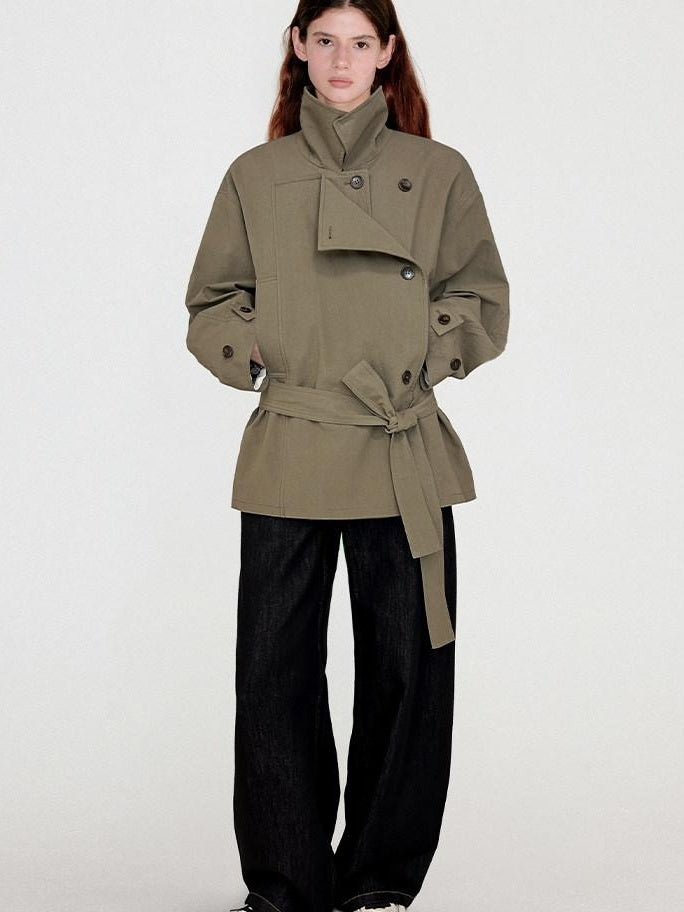 fano Double Breasted Khaki Korean Commuter Loose Mid Length Cotton Trench Coats