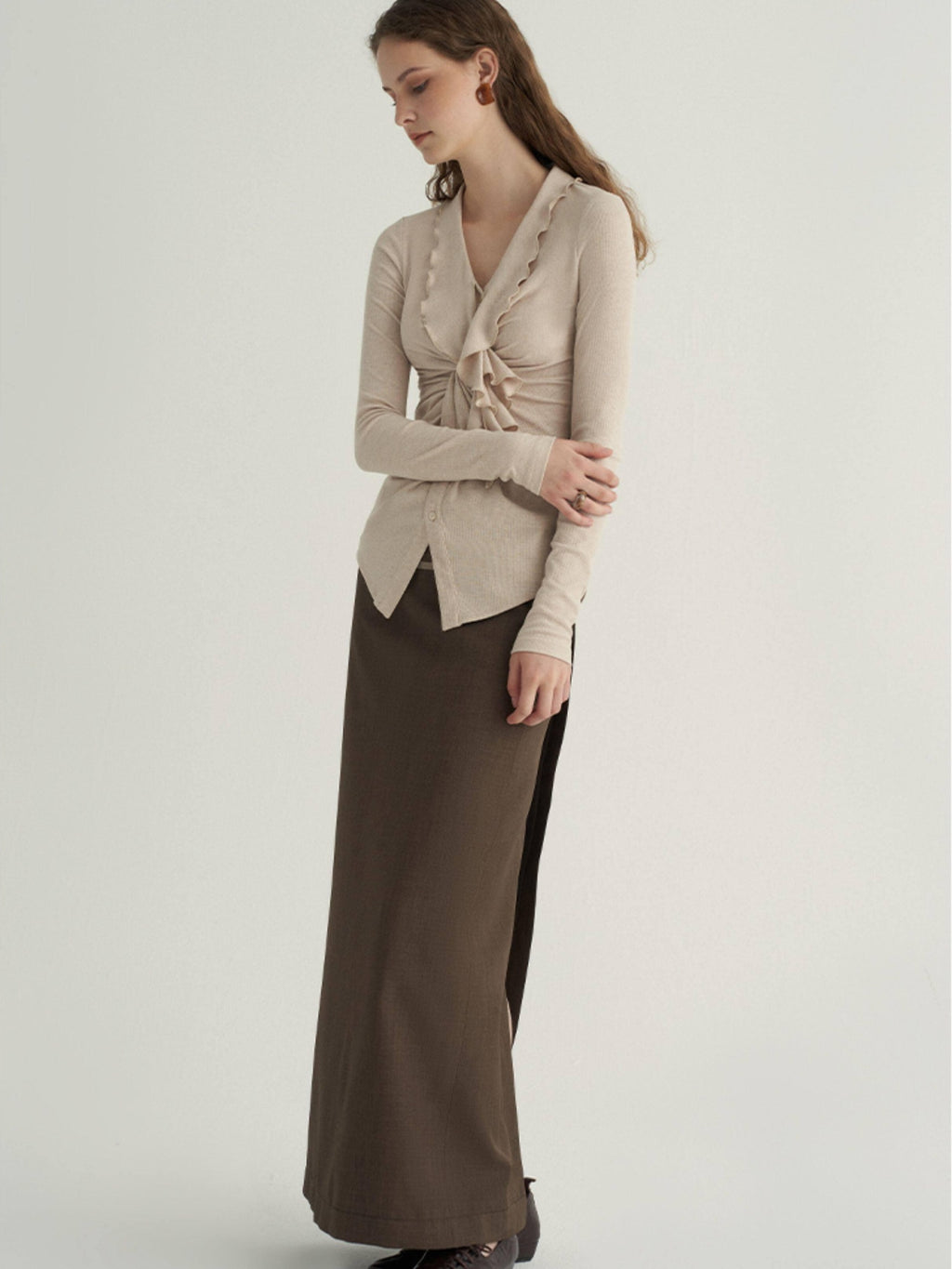someone sometimes Ruffled V-neck Slim Fit Thin Knit Viscose Women Oatmeal Long Sleeve T-Shirts