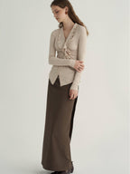 someone sometimes Ruffled V-neck Slim Fit Thin Knit Viscose Women Oatmeal Long Sleeve T-Shirts