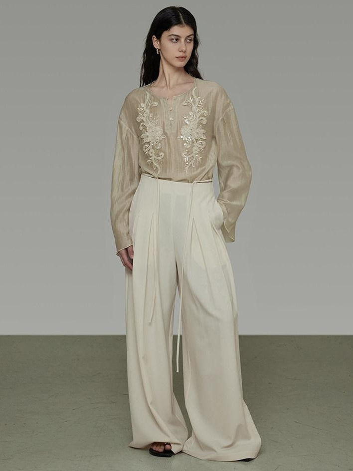 unspoken Breathable Lyocell Embroidered Vintage Loose Round Neck Women Almond Blouses