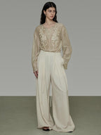 unspoken Breathable Lyocell Embroidered Vintage Loose Round Neck Women Almond Blouses