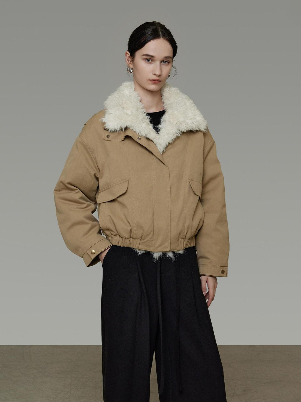 unspoken Thick Cotton Padded Patchwork Cropped Loose Commuter Khaki Puffer Jackets