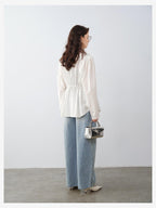 audreyyang Durable Viscose Slim Waist Casual Lapel Button Long Sleeve Blouses