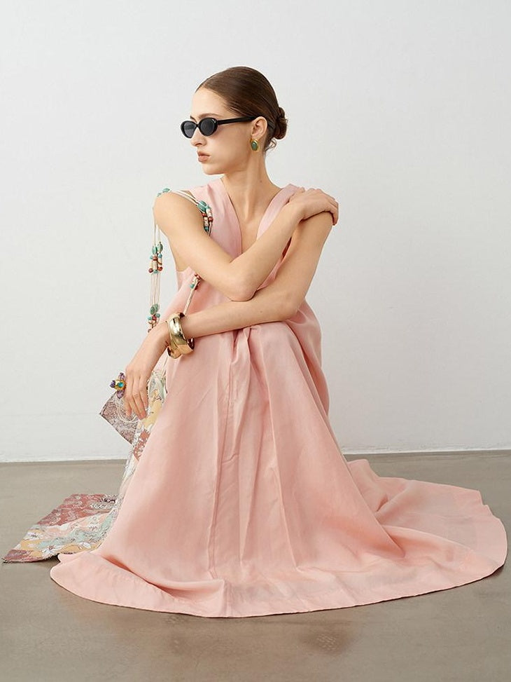 audreyyang Linen Blend V-neck Sleeveless A Line Casual Pink Maxi Dresses