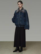 unspoken Warm Cotton Blend Loose Commuter Zipper Fur Collar Blue Gray Denim Jackets