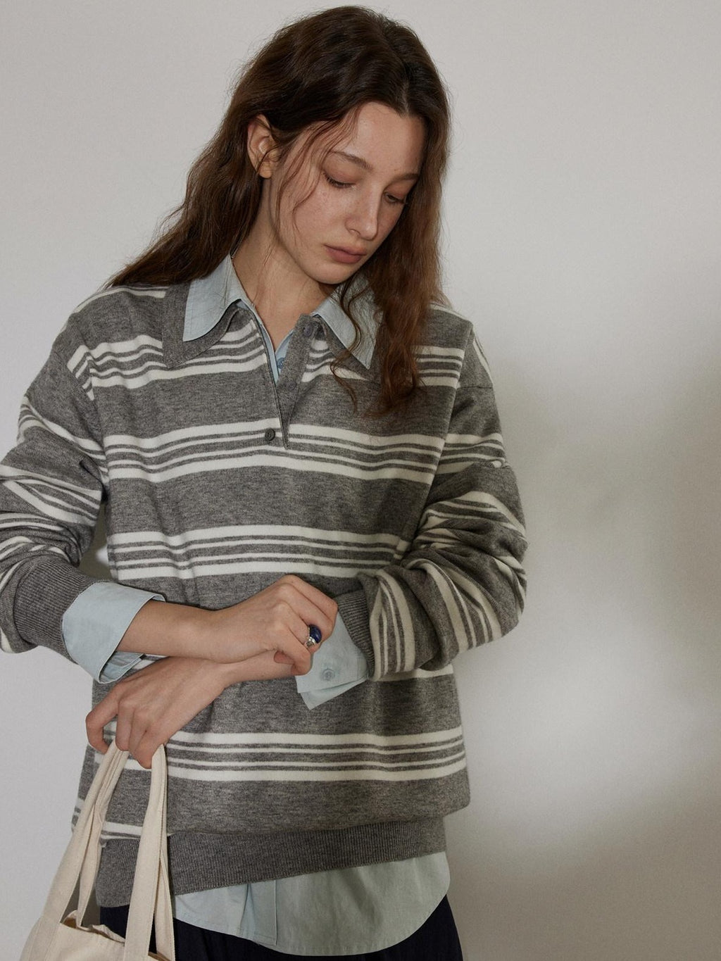 Lofi choose Soft Acrylic Blend Loose Fit Striped Polo Collar Office Women Knit Sweaters