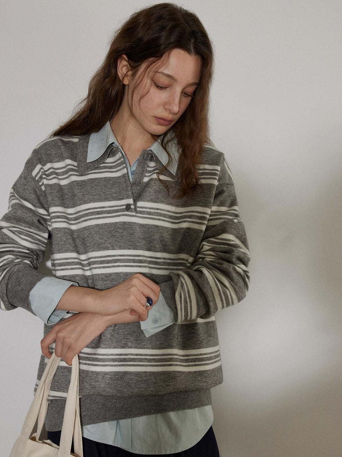 Lofi choose Soft Acrylic Blend Loose Fit Striped Polo Collar Office Women Knit Sweaters