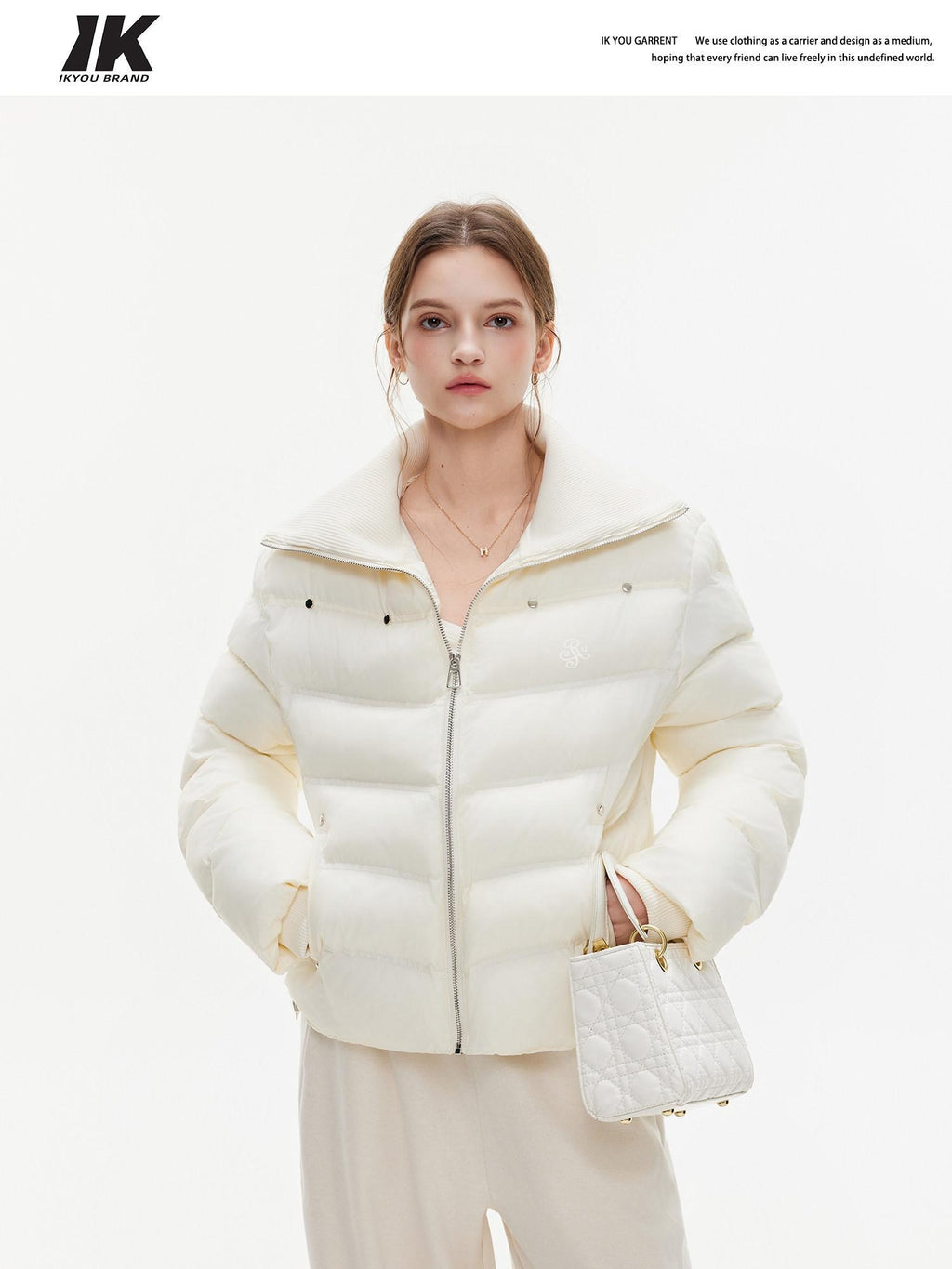 ikyou Warm Thick Commuter Loose Pocket Embroidery Zipper White Padded Puffer Jackets