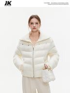 ikyou Warm Thick Commuter Loose Pocket Embroidery Zipper White Padded Puffer Jackets