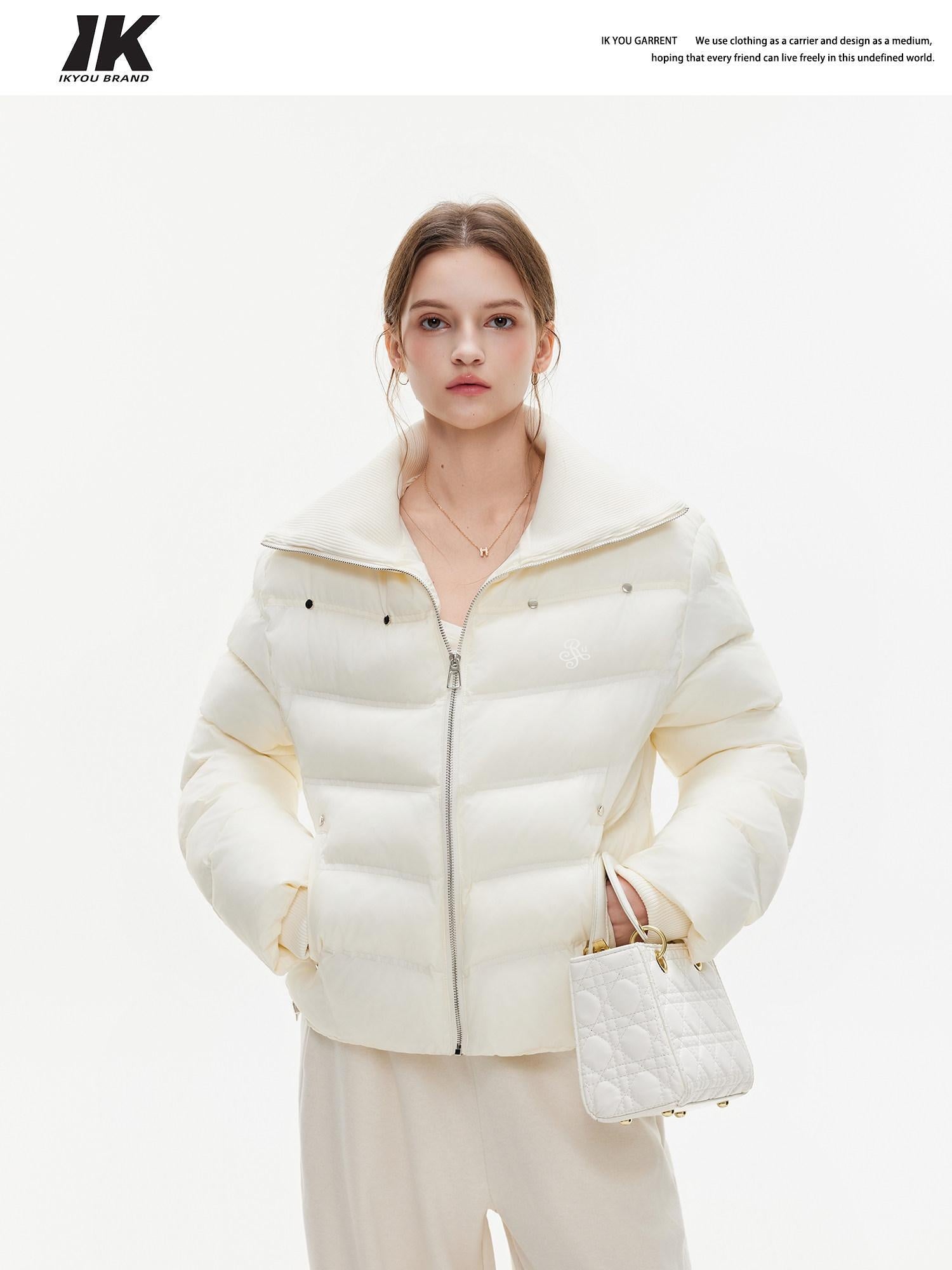 ikyou Warm Thick Commuter Loose Pocket Embroidery Zipper White Padded Puffer Jackets