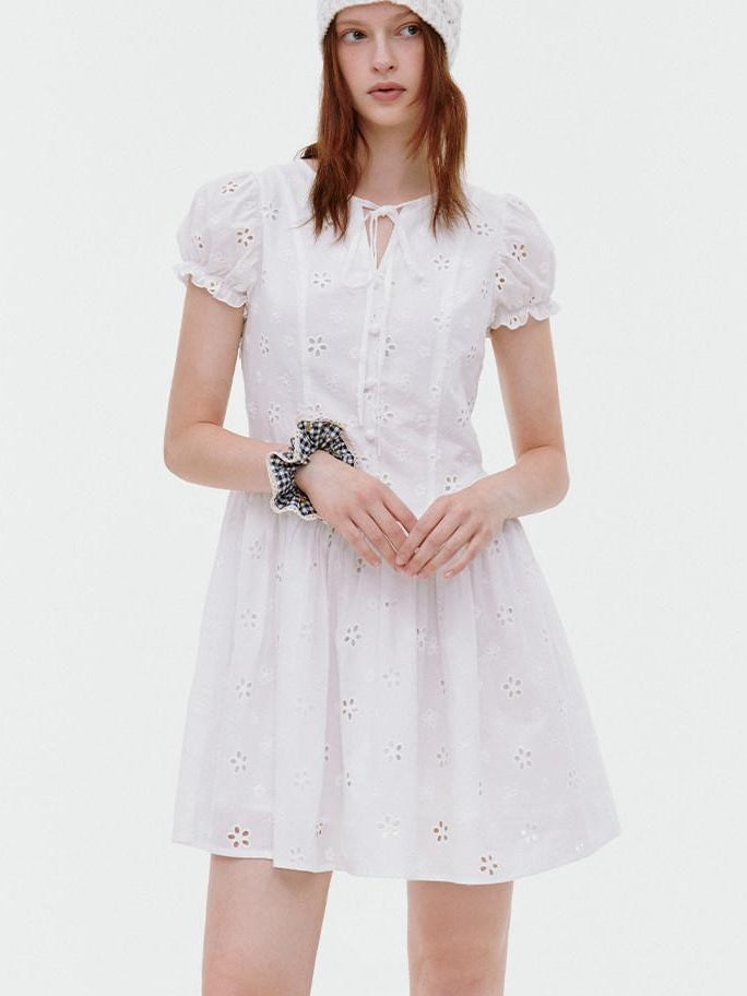 fano Pure Cotton Breathable Korean Workwear A Line Round Neck White Midi Dresses