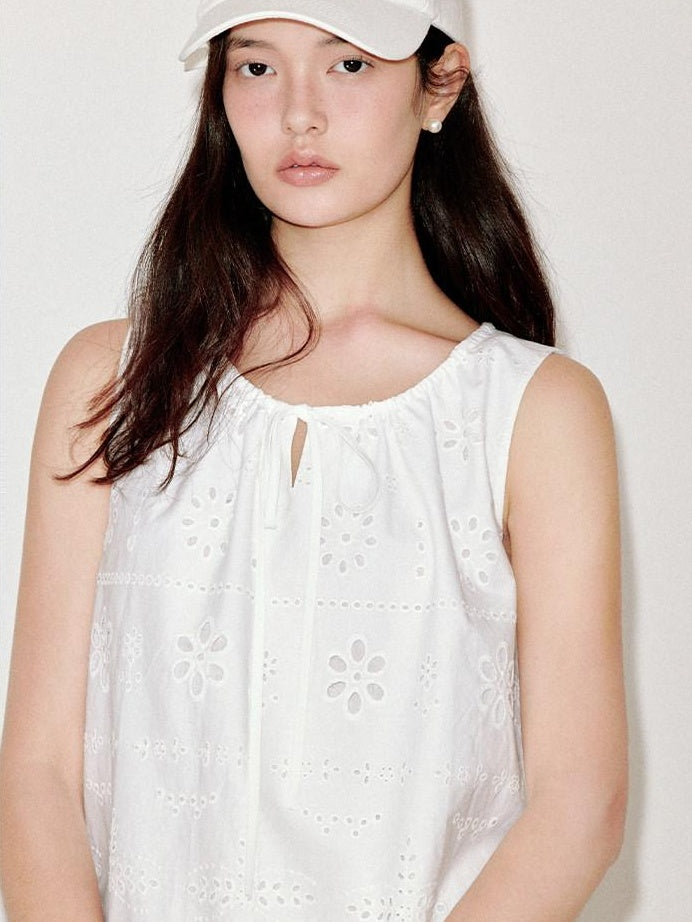 fano 100 Percent Cotton Embroidery A Line Loose Waist Sleeveless Office Midi Dresses