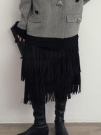audreyyang Hand Pleated Crinkle Tassel Mid Waist Straight Lined Polyester Midi Skirts