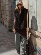 audreyyang Warm Reversible Faux Fur Stand Collar Sleeveless Relaxed Olive Short Coat