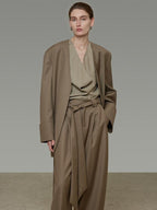 unspoken Minimal Slim Tailored Blazer High Waist Long Pants Women Brown Top & Pants Sets