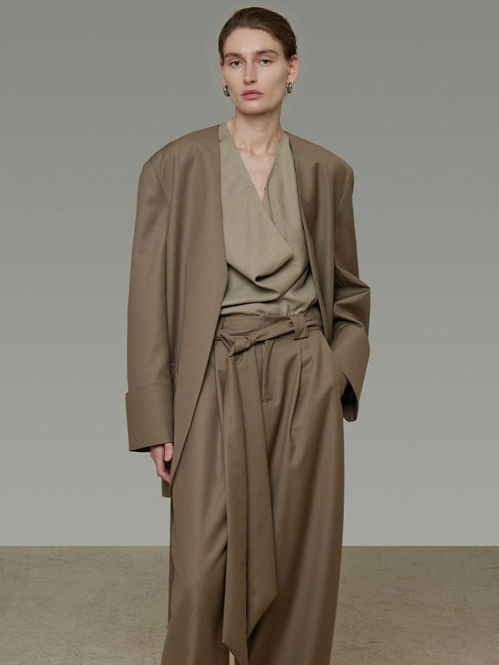 unspoken Minimal Slim Tailored Blazer High Waist Long Pants Women Brown Top & Pants Sets