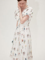 fano Lyocell Embroidered High Waist Puff Sleeve Aline Square Neck Party Maxi Dresses