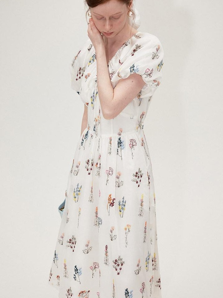 fano Lyocell Embroidered High Waist Puff Sleeve Aline Square Neck Party Maxi Dresses