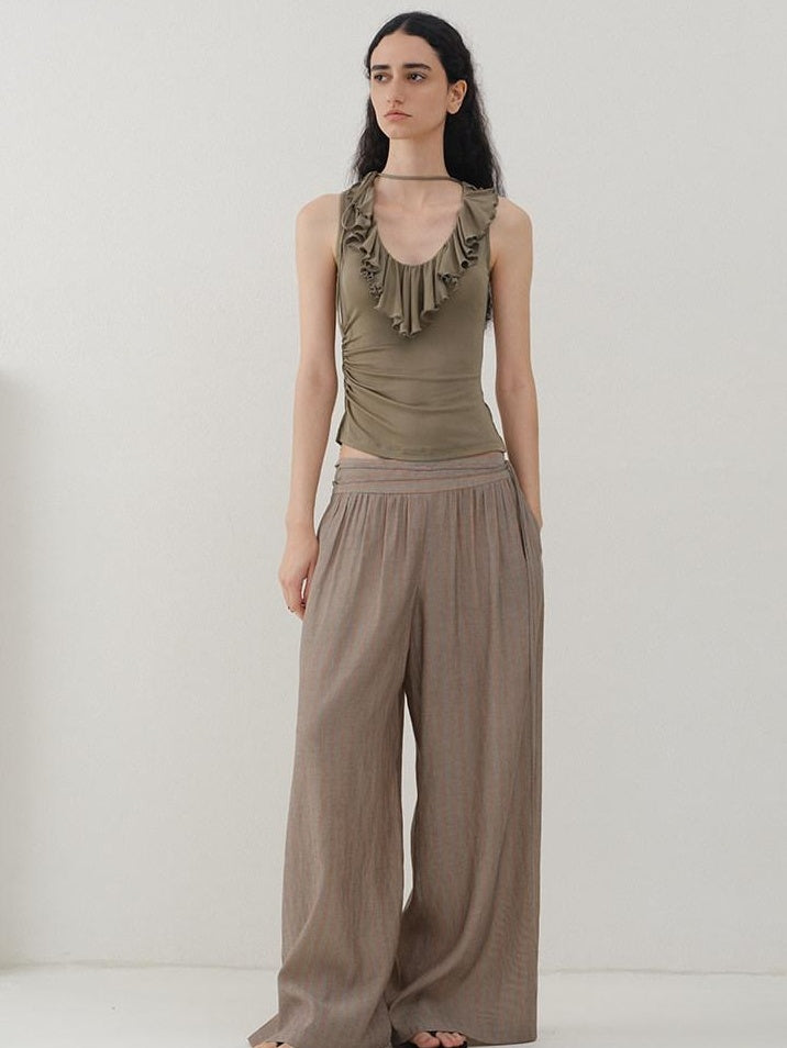 someonesometimes Light Lyocell Slim Ruffle Tie Cami Workwear Women Olive Green Tank Tops