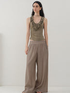 someonesometimes Light Lyocell Slim Ruffle Tie Cami Workwear Women Olive Green Tank Tops