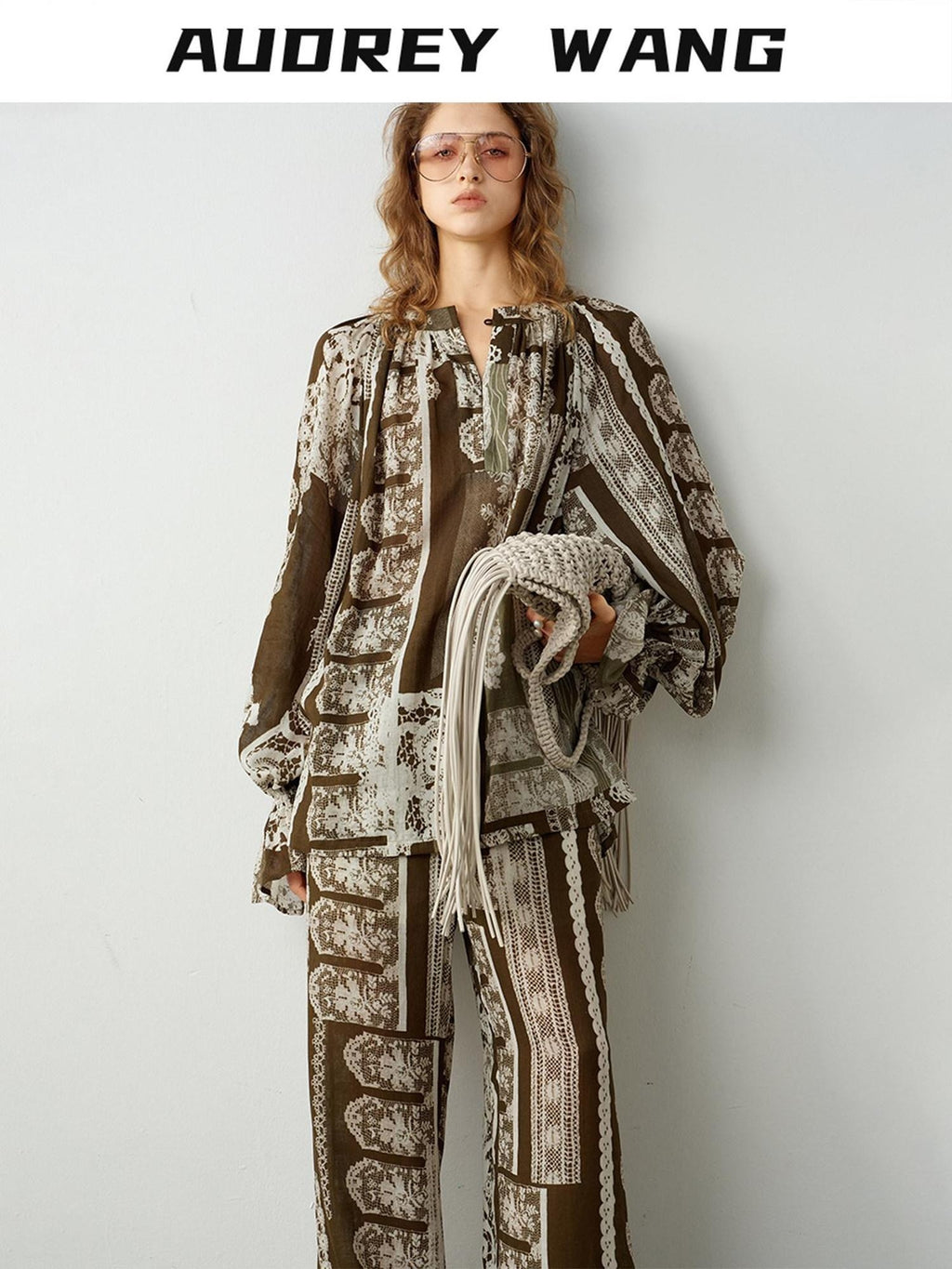 audreyyang Sustainable Viscose Ramie Printed Loose V-neck Long Sleeve Women Blouses