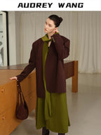 audreyyang Original Loose Fit Herringbone Wool Collarless Open Front Casual Women Blazers