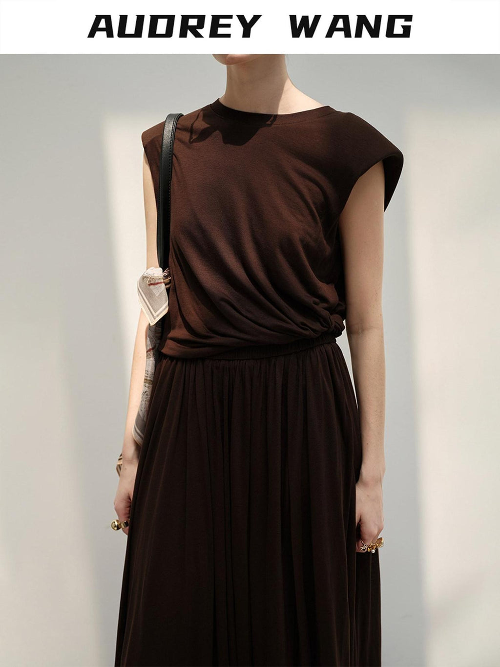 audreyyang Recycled Viscose French Chic Pleated Aline Two Piece Sleeveless Maxi Dresses