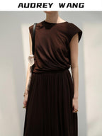 audreyyang Recycled Viscose French Chic Pleated Aline Two Piece Sleeveless Maxi Dresses