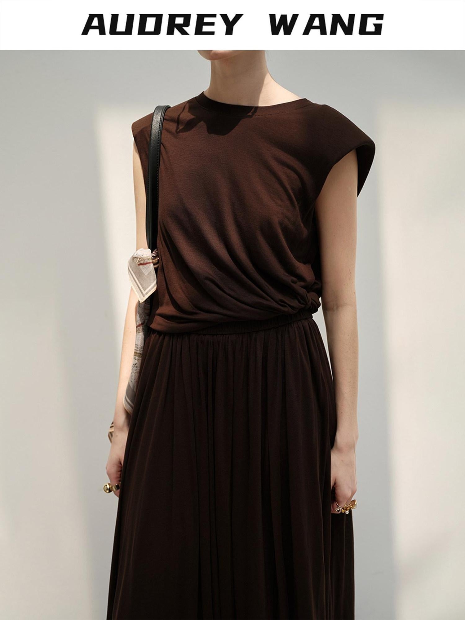 audreyyang Recycled Viscose French Chic Pleated Aline Two Piece Sleeveless Maxi Dresses