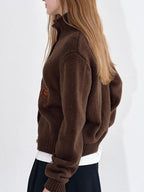 fano Soft Wool Blend Knit Commuter Loose Fit Stand Collar Women Brown Cardigans