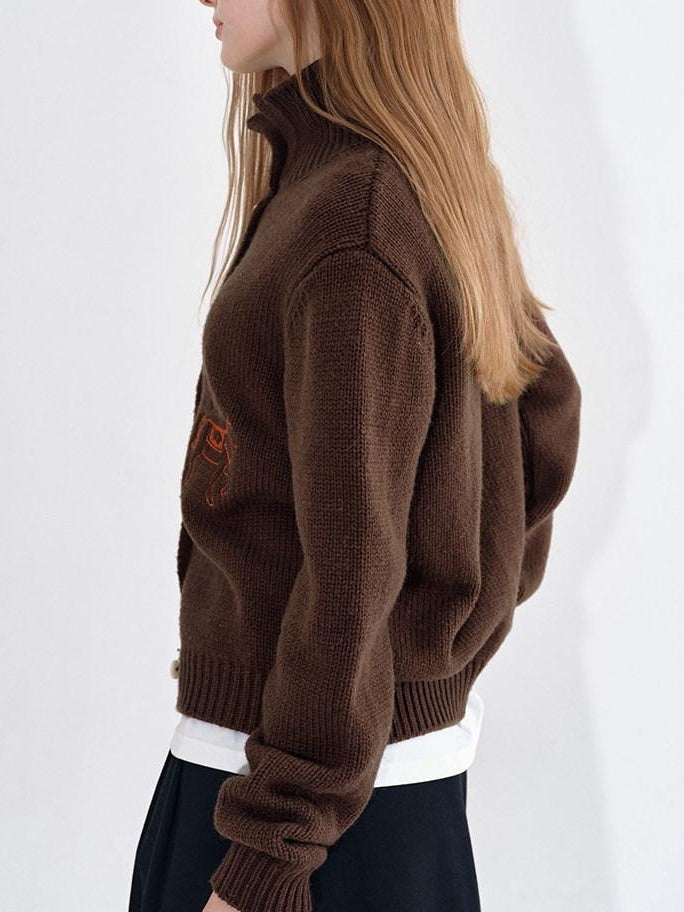fano Soft Wool Blend Knit Commuter Loose Fit Stand Collar Women Brown Cardigans
