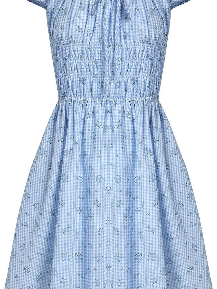 fano Sweet High Waist Puff Sleeve A Line Floral Square Neck Poly Cotton Midi Dresses