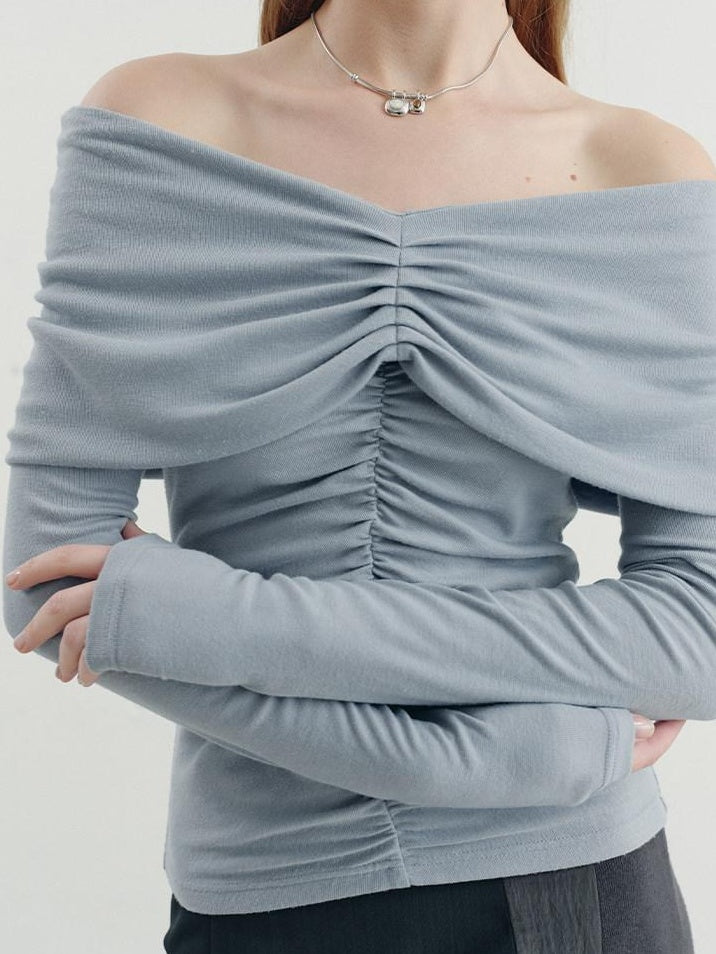 someone sometimes Soft Mist Blue Viscose Blend Slim Fit Round Neck Women Long Sleeve T-Shirts