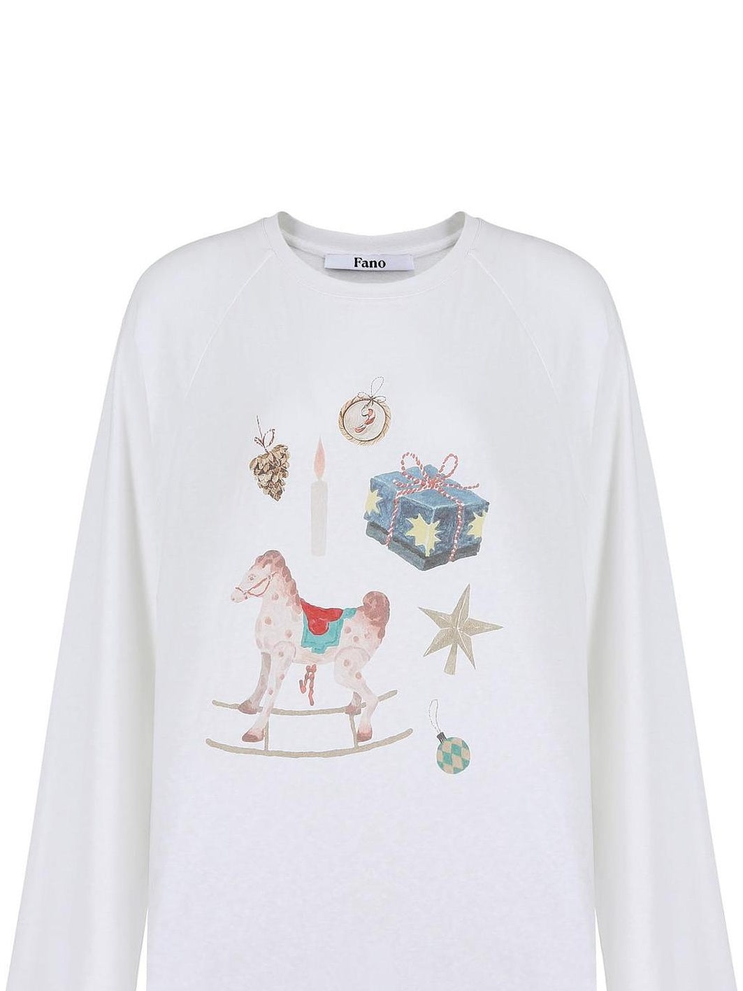 fano Cotton Blend Printed Crewneck Loose Fit Women White Long Sleeve T-Shirts