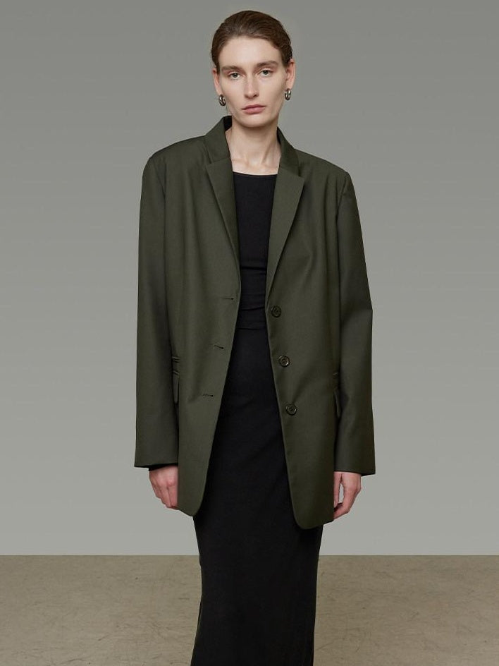 unspoken Breathable Dark Green Loose Lapel Blazer High Waist Casual Top & Skirt Sets