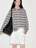 fano Moisture Wicking Casual Loose Patchwork Stripe Black Womens Long Sleeve T-Shirts
