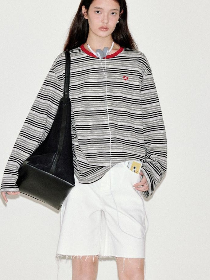 fano Moisture Wicking Casual Loose Patchwork Stripe Black Womens Long Sleeve T-Shirts