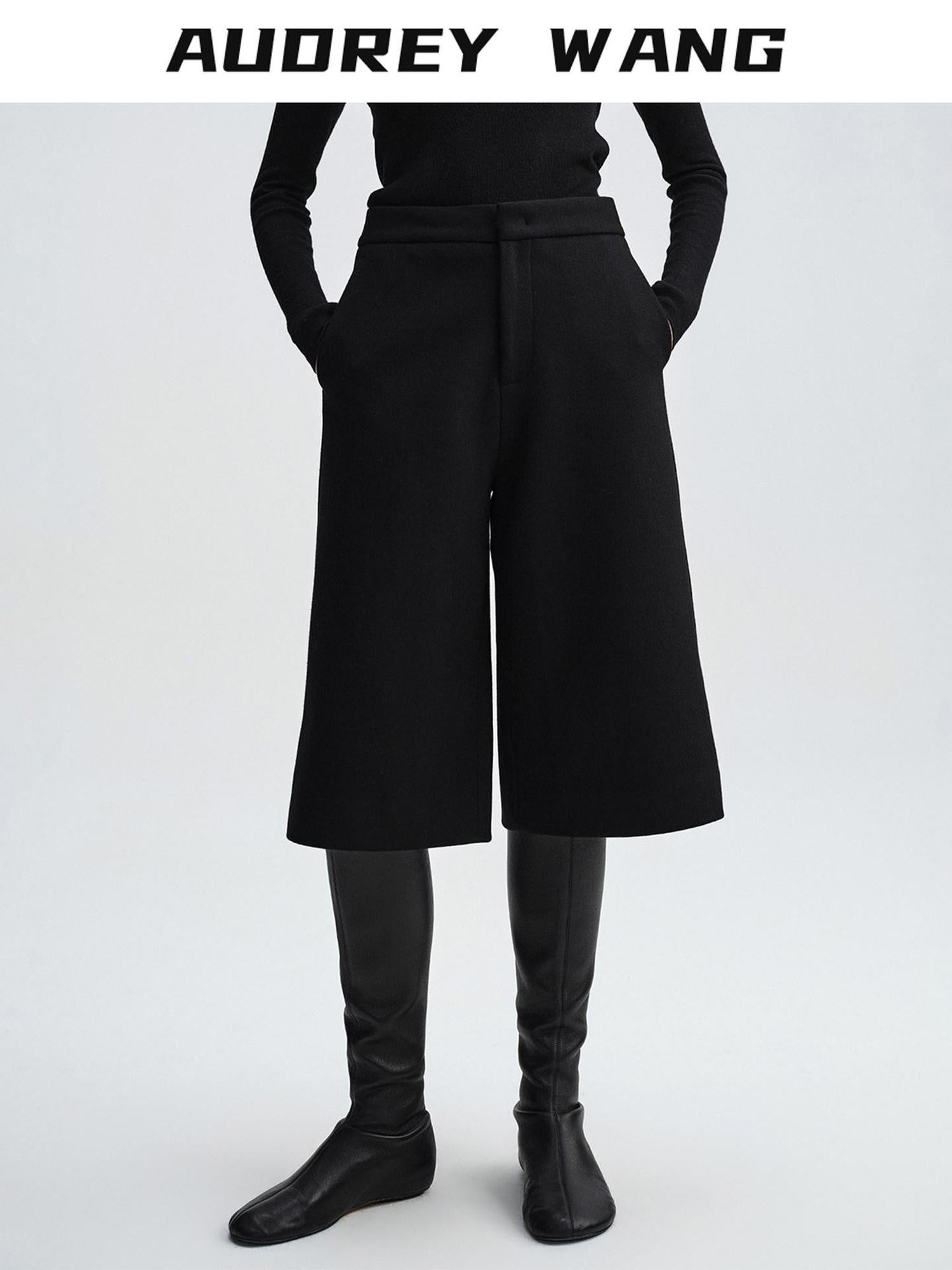 audreyyang Wool Blend Minimalist Wide Leg Natural Waist Womens Workwear Mid-Length Shorts
