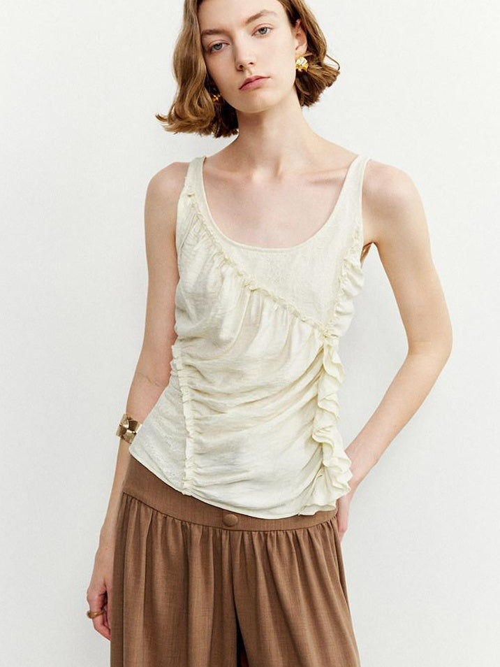 someone sometimes Ruffled Lettuce Edge Slim Fit Original Design Viscose Blend Cream Tank Tops