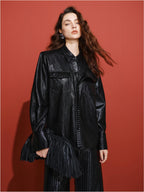 audreyyang Premium Pu Leather Lapel Long Sleeve Tailored Womens Black Wine Leather Jackets